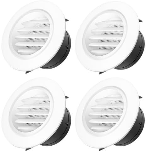 Sctmda Griglia di Ventilazione 4 Pezzi Griglia di Aerazione Rotonda in Plastica Griglia a Lamelle con Rete Anti Insetti Tonda da Incasso Sistema di Ventilazione Bianco Ø100mm