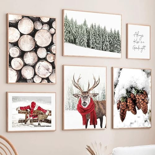 Milaiart Winter-Schnee-Landschaft, Bild, Leinwand, Gemälde, Wandkunst, Elch, Kiefernholz, Schneemann, Poster und Druck für moderne Weihnachtsdekoration (E, 30 x 40 cm, ohne Rahmen)
