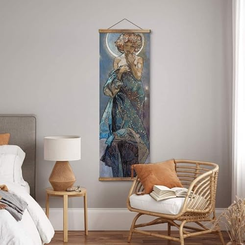 K&L Wall Art Vintage Stoffbild Poster Mucha Mond Sterne Wandbild Holz ohne Zubehör Jugendstil Kunstdruck Banner 60x180cm für Wohnzimmer und Flur