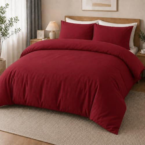 MOONLIGHT20015 Double Duvet Set Brushed Microfibre Burgundy Bedding Sets | Quilt Cover with 2 Pillow Cases, Solid Soft Bed Set Premium Comfort and Breathable, Machine Washable – Home and Hotel Quality