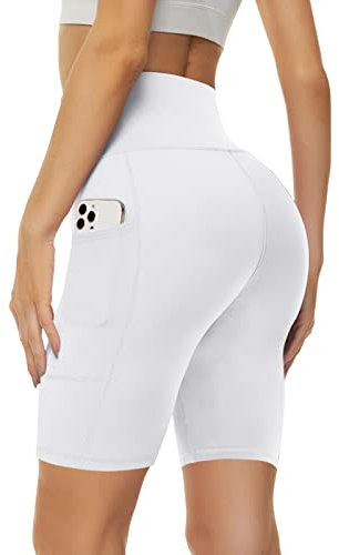 Missluck Radlerhose Damen mit Taschen Kurze Sporthose Hohe Taille Leggings Blickdicht Shorts Sommer Hose für Yoga Gym (Weiß,L-XL)