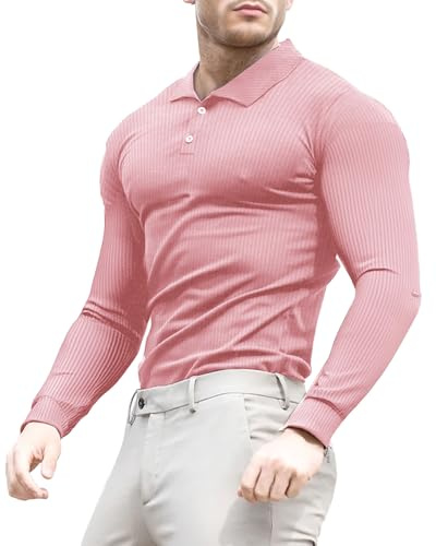 Lehmanlin Muscle Polos pour Homme à Manches Longues et Courtes T-Shirts décontractés Slim Fit Stretch côtelé Golf Tops