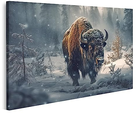 islandburner Bild auf Leinwand Bison Stehend Wald Schnee Natürliche Wildtiere Bilder Wandbilder Poster JBPA-1K