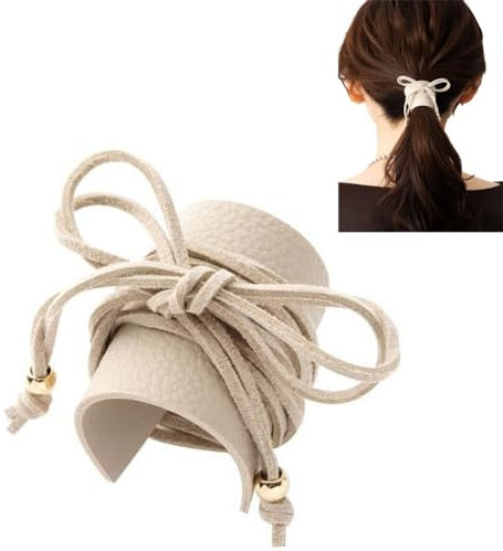 Yurosiay Damen Leder Haargummi Mode PU Leder Haarseil Elastische Haargummis Handgemachte Pferdeschwanzhalter Verstellbare Haargummi Band Vintage Haarschmuck Leder für Frauen Mädchen Beige