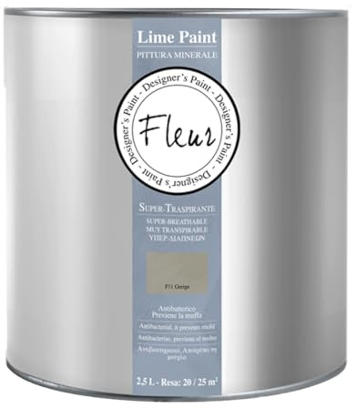 FLEUR DESIGNER'S PAINT | Pittura a Calce Antibatterica, Traspirante e Sanificante, Colore Greige, a Base di Puro Grassello di Calce, Effetto Naturale, Made in Italy, 2,5 litri