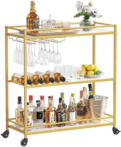 Lifewit 3 Tier Bar Cart on Lockable Wheels, Gold - Kitchen Serving Wine Trolley with 4 Wine Rack and 12 Glass Holders for Dining and Living Room