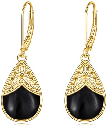 Schwarze Onyx Gold Ohrringe 925 Silber Damen Gold Filigran Hängend Ohrringe Schmuck Geschenke für Damen und Mädchen