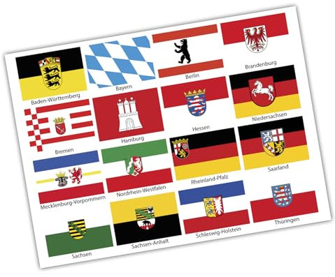Finest Folia 16 Länderfahnen Flaggen Set auf 2 Din A4 Bögen Jede Fahne 4,9x3,3cm Aufkleber Sticker für Modellbau Fahrrad Auto Motorrad Deko Länder R108 (Bundesländer Deutschlands)