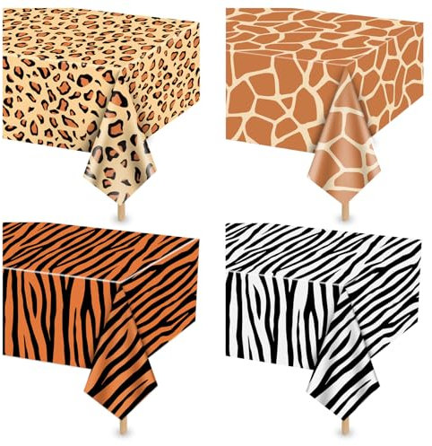 4Pcs Tier drucken Tischdecken, Dschungel Tier Thema Tischdecke, rechteckige Leopard Tiger Zebra Giraffe Dschungel Tischdecke für Zoo Safari Baby Duschen Dschungel Thema Geburtstag Dekorationen