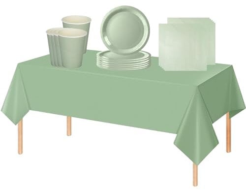 53PCS Sage Green Tableware Decorations for Kids Birthday,Disposable Party Tableware Set Tablecloth Table Covers,7inch Paper Plates,Paper Napkins,Cups for Sage Birthday Wedding Party Favor