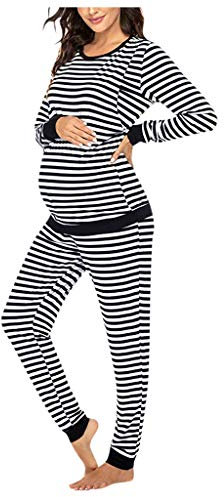 Ensemble t-shirt d'allaitement manches pyjamas de grossesse hauts + pantalon de costume rayé pour femme Ensemble de maternité & costume peignoir femme princesse, Noir , M