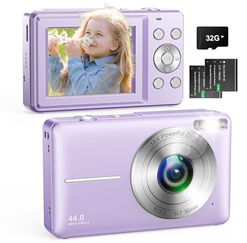 Macchina Fotografica Digitale, 1080P Fotocamera Digitale 44MP Macchina Fotografica Compatta con Zoom 16X e 2 Batterie Per Bambini Adulto Principianti