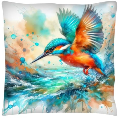 The Beach Stop Kingfisher Akzent-Kissenbezug, Heimdekoration, Inspo, Geschenkidee für Vogelliebhaber, 45 x 45 cm, Aquarell-Eisvogel