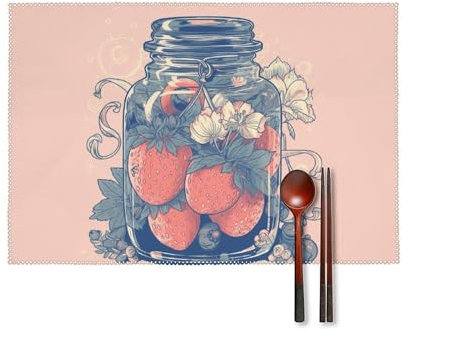 Platzdeckchen-Set mit 6 Gläsern mit Erdbeeren, aus Leinen, für Esstisch, hitzebeständig, rutschfest, waschbar, Tischmatten für Zuhause, Küche, Hochzeiten, Party, Dekoration, Stoff-Tischset, 45,7 x