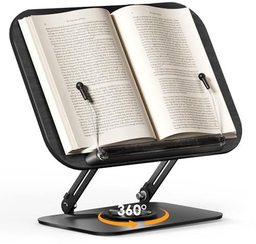 SupeDesk Buchständer zum Lesen,verstellbarer Holz-Buchhalter Leseständer,360° drehbar,faltbar,Kochbuchhalter mit Seitenclip,Präsentationsständer für Rezept,Zeitschrift,Tablet,Laptop,edler Retro