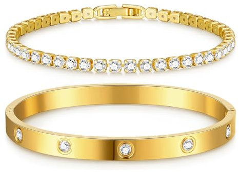 TOFBS Elegante Damen Armband Set Vergoldet mit Zirkonia Steinen Hochwertige Armreifen für Frauen Stilvolle Schmuckstücke für jeden Anlass Glänzendes Tennisarmband und Armreif Kombination