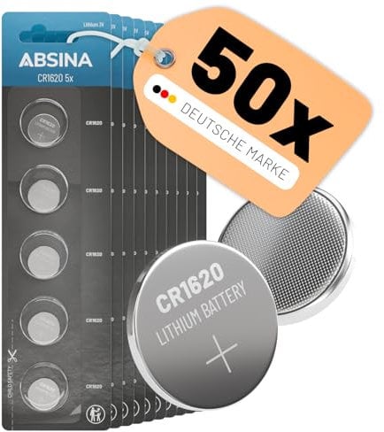ABSINA 50x Pila CR1620 3V Mando Coche de Litio Tipo botón - Pila 1620 Mando Coche Segura contra Fugas & de Larga duración - Pilas Mando Coche CR 1620