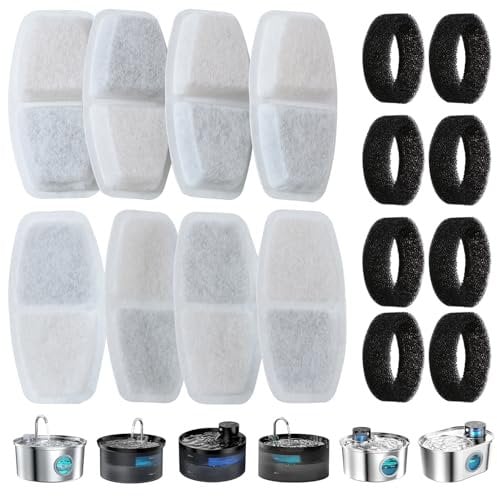 Zemiu Filtre de Fontaine à Eau 16 Pièces, 8 Filtre Fontaine pour Chat + 8 Mousse Filtres pour Fontaine de Chat 3.2L,2.5L (108oz,84oz)avec Charbon Actif & Résine conTriple Filtration
