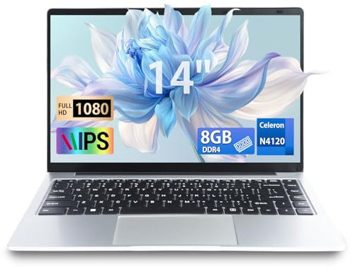 LONGEVINCE 14 Zoll Ultrabook, 8 GB RAM DDR4, 1920 x 1080 IPS, Celeron N4120 (Bis Zu 2,6 GHz), USB 3.0, Windows 11 Notebook Mit Deutscher Tastaturfolie (Silber, 8GB+256G SSD)
