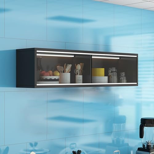 Glass Display Cabinet with Sliding Doors, Solid Wood Wall Mounted Storage for Bathroom and Bedroom, Sensor Light Included