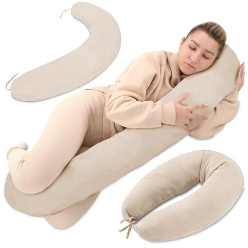 Stillkissen XXL Musselin Seitenschläferkissen Schwangerschaftskissen Lagerungskissen - Baumwolle Pregnancy Pillow Erwachsene - 190 cm Beige