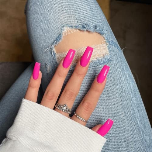 SXVME Hot Pink Press on Nails Long Square, Neon Pink False Nails Medium Coffin, Glossy Gel Fake Nails Press on, Sheer Gel Stick on Nail for Women, Sheer Fushia Square Tip Nails, 24 Pcs