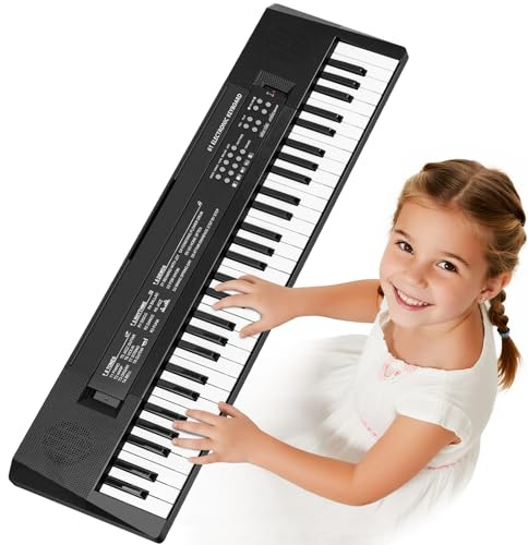 Piano à 61 touches pour enfants avec micro – Piano électronique portable pour 3, 4, 5, 6, 7, 8 filles et garçons, débutants, cadeaux de Noël, noir