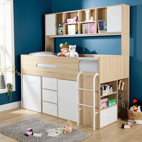 Home Source Marsden Loft Bed with Overhead Storage, Desk & Cabinets – Kids High Sleeper with Drawers, 6–8 Shelves & Ladder Storage – Space-Saving Bedroom Furniture Neutral Finish