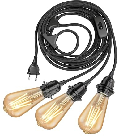 ledscom.de Textilkabel LEKA schwarz, Stecker, Schalter, 8 m, Lampen-Fassung, inkl. 3x E27 LED Leuchtmittel, ST64 (489lm, extra warmweiß)