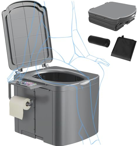 EHERDM Portable Camping Toilet for Adults Collapsible Toilets with Phone Stand and Handle 12Pcs Poop Bags Removable Potty with Lid for Car Hiking Beach Road Trips