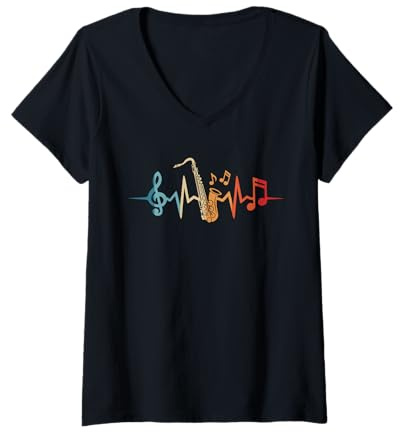 Damen Saxophonist Jazz Musiker Herzschlag Saxophon T-Shirt mit V-Ausschnitt