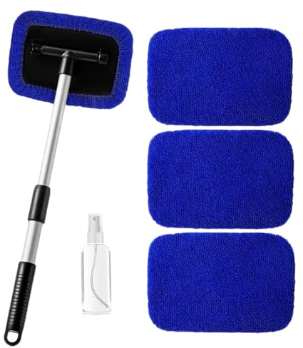 Rthynti 5 Pcs Car Window Cleaner Tool Kits, Retractable Car Windscreen Cleaner with 4 Washable Microfiber Pads, Auto Interior Exterior Glass Wiper for Car and Home Cleaning