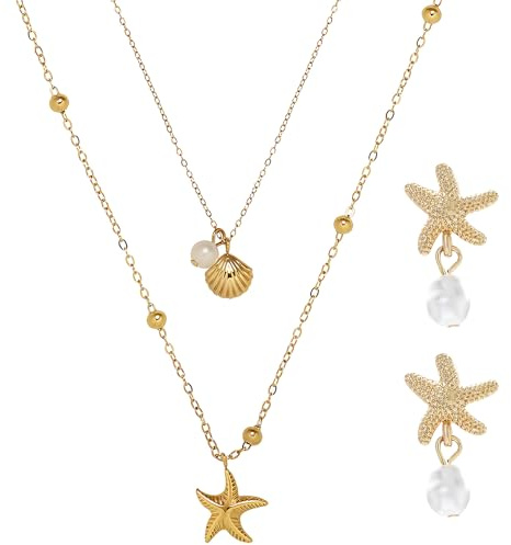 Hocklliy 2 Pcs Starfish Jewellery with Starfish Necklace and Earrings,Shell Pearl Detail Summer Jewellery Stackable Gold Chains for Beach Holiday Look