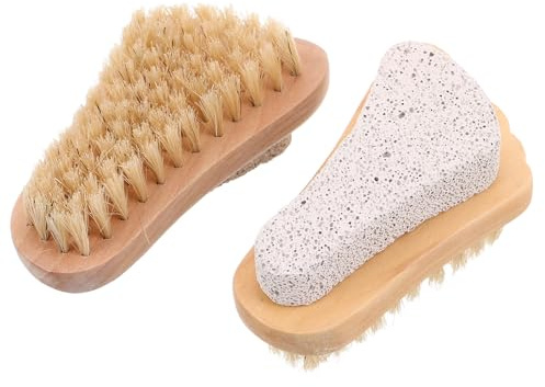 Fußbürste mit Bimsstein, 2 Stück, Holz, Borsten, Fußform | Exfoliation und Fußwäsche, Entfernt Abgestorbene Haut und Hornhaut, Tragbar für Pediküre