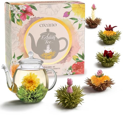 Creano Teeblumen Geschenkset FLOWER DESIGN mit Glas Teekanne 500ml | 6x Erblühtee weißer, grüner & schwarzer Tee, 6 Sorten, Geschenk für Frauen, Weihnachten