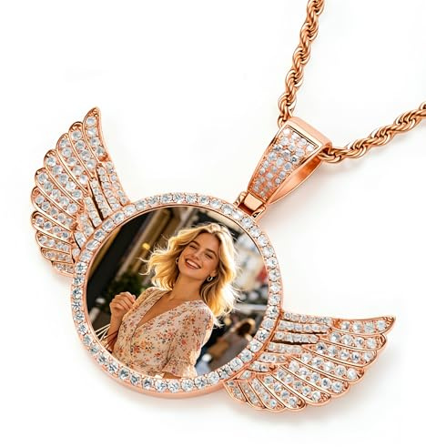 Genérico Personalized Memorial Necklace with Picture, Custom Circle Chain Angel Wings, Customized Photo Necklace for Men Women Family Memory Necklaces Anniversary Memorial Gifts for Boyfriend
