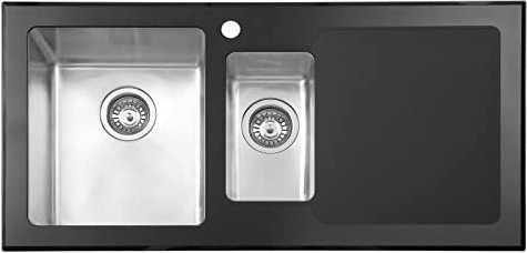 JASSFERRY Black Glass Top Kitchen Sink Stainless Steel 1.5 One Half Deep Bowls Right Hand Drainer & Strainer Waste Pipe Kit, 1000 X 500 mm