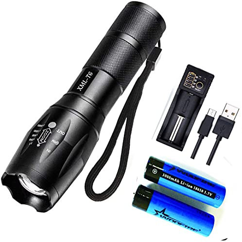 LED Torch, Super Bright 2000 Lumen Rechargeable Torch 5 Modes Waterproof Zoomable Adjustable Focus Tactical Torches (Includes 2 x 18650 Batteries & 18650 Battery Charger)