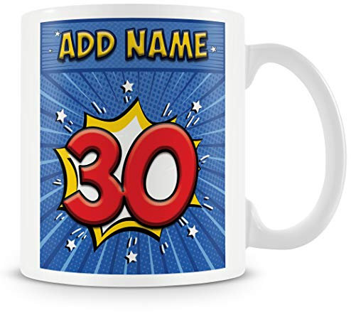 30th Birthday Gift for Men - Personalised Mug/Cup - Add Name - Comic Style Design - Blue