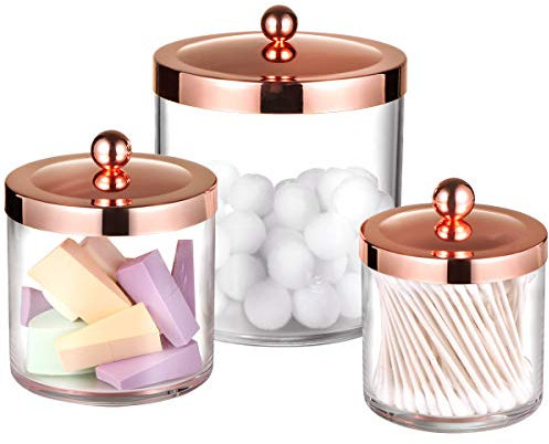 SheeChung 3 Pack Premium Apothecary Jars Set - Acrylic Storage Jars with Lids - Qtip Holder Dispenser Bathroom Set Kitchen Laundry Vanity Shelves Organizer Canister Home Decor (Rose gold)