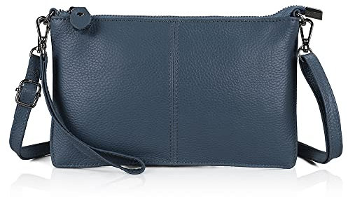 befen Damen Umhängetasche, Echt Leder Handtasche Damen Klein mit Reißverschluss und Schultergurt Damen Portemonnaie für Geld Karten Handy, Handtasche Damen Klein mit Handgelenkschlaufe, Grau Blau