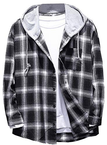 Mallimoda Chemise Homme à Carreaux Manches Longues Chemisier Regular Fit Léger Classique Chemises Veste à Capuche Noir XXL