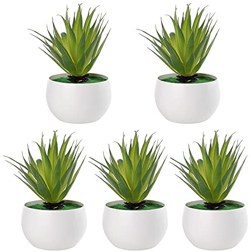 QYLJZB Künstliche Aloe-Agave, Sukkulenten, Mini-Ornament, Bastelzubehör mit weißen Kunststofftöpfen, für Balkon, Garten, Badezimmer, Zuhause, Büro, Pflanzen, Dekoration, 5 Stück