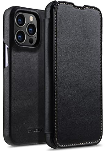 STILGUT Book Case kompatibel mit iPhone 13 Pro Max (6.7“) Hülle aus Leder zum Klappen, Klapphülle, Handyhülle, Lederhülle - Schwarz Nappa
