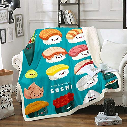 Homewish Cartoon Sushi Überwurf, Kawaii Reis Sushi Lächeln und Gähnen Ausdrücke Japanischer Stil Fleece Decke, Dekorative Sofa Sherpa Atmungsaktiv Langlebig, 150x200, Blau Weiß