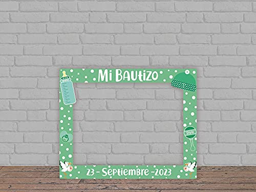 Oedim Photocall Mi Bautizo Verde Personalizado + Atrezzos, 100x80cm, Eventos o Celebraciones puntuales, Ventana y Atrezzos Troqueladas, Photocall Divertido