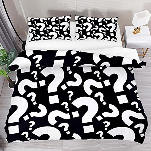3-teiliges Polyester-Bettwäsche-Set, 100 % natürlicher Stoff, Fragezeichen, schwarzes Muster, moderner Stil mit Reißverschluss