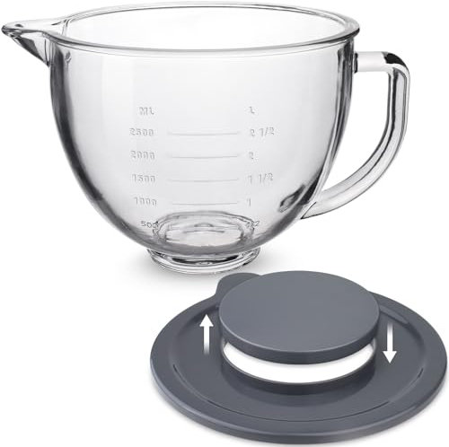 Ciotola di miscelazione in vetro accessorio 5 litri – compatibile con mixer KitchenAid da 4,5 e 5 litri con testa inclinabile (con coperchio)