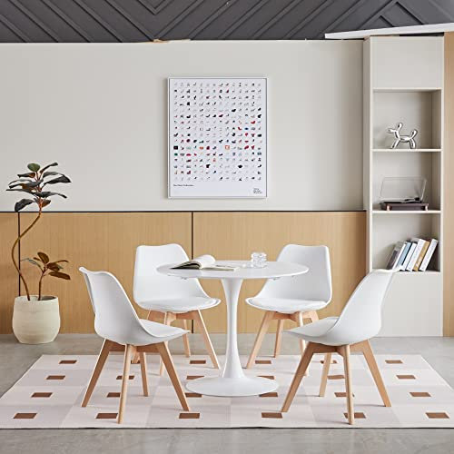 GrandCA HOME Juego de Mesa de Comedor Moderna y 4 Sillas, Mesa de Comedor Redonda MDF Blanco para 2-4 Personas + 4 Sillas de Cocina Blancas, para Cocina Comedor Sala de Reuniones