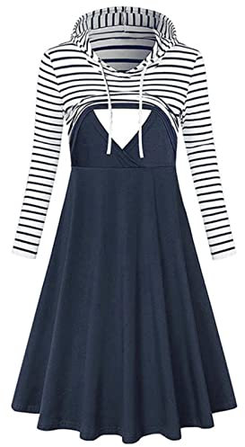 PIYAX Robe de maternité Femmes Enceintes maternité Automne et Hiver rayé à Manches Longues à Capuche Robe d'allaitement Allaitement Enceinte